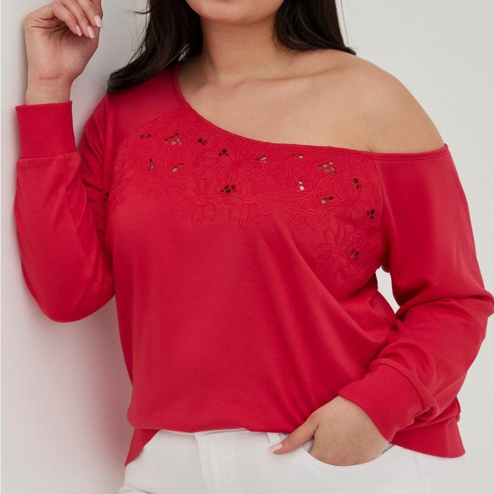 NWT Torrid 3 Magenta Off-Shoulder Sweater With Embroidered Lace